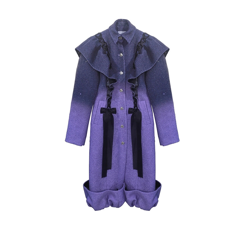 Gradient Ruffle Edge Tie Wool Long Coat T356