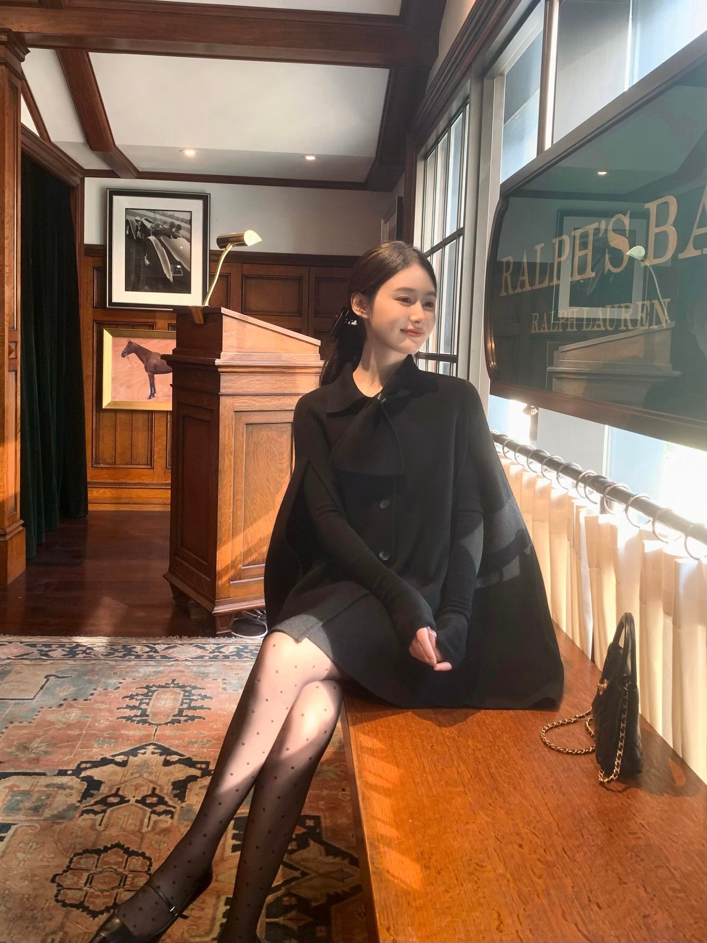 Rich Daughter’s Cashmere Coat – Elegant Black Woolen Shawl Cape