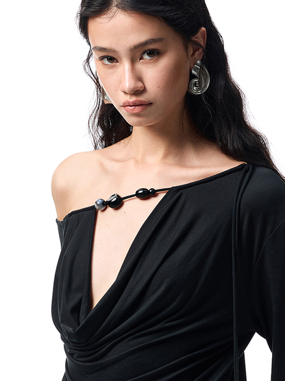 Beaded Off-Shoulder Long-Sleeve Cover-Up – Shirred Deep V Resort Top