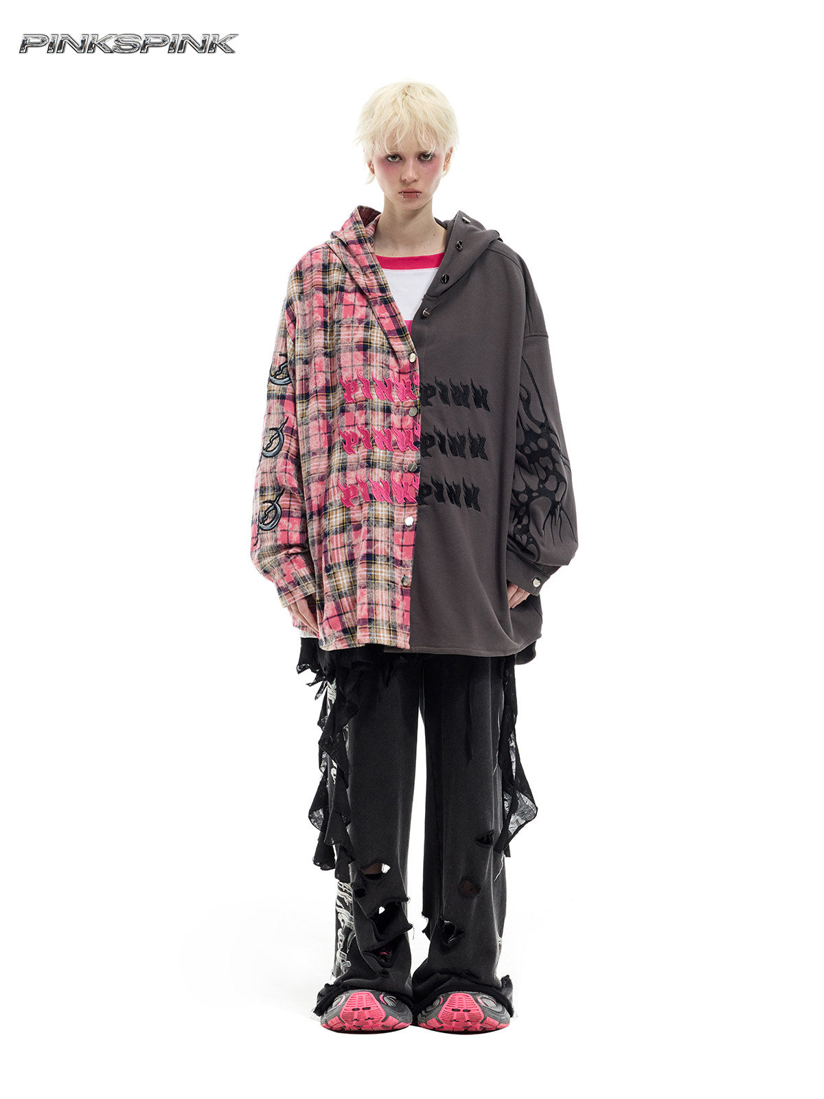 Patchwork Hooded Embroidered Unisex Y3K Plaid Shirt