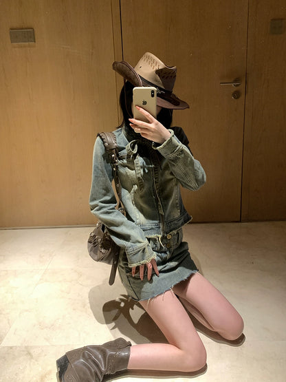 [Punk Girl] 2024 High Street Short Cowboy Jacket Set - American Style