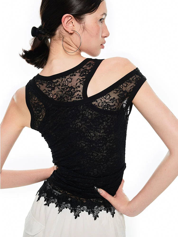 Asymmetrical Lace Layered Vest – Slanted Shoulder Light Sheer Top