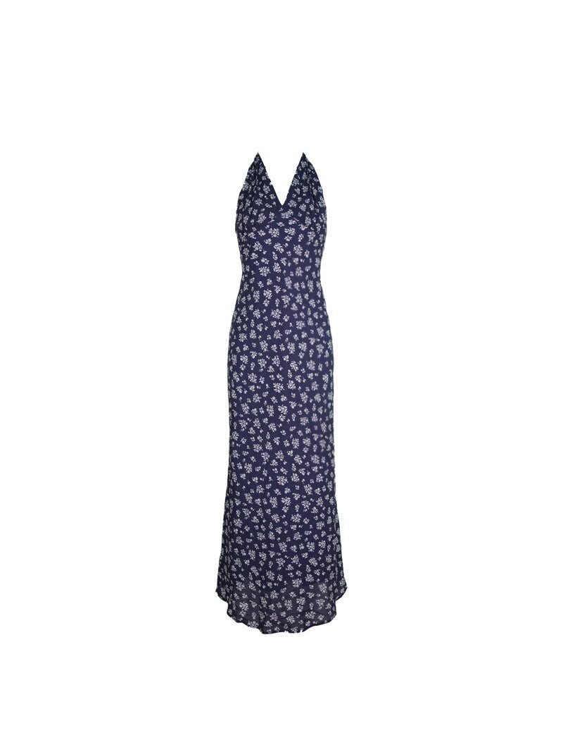 Navy Blue Floral Halterneck Long Dress