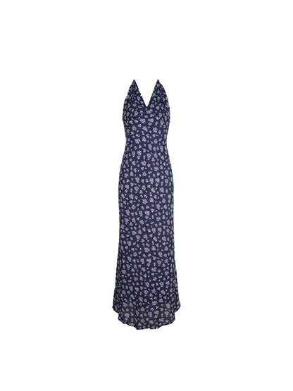 Navy Blue Floral Halterneck Long Dress