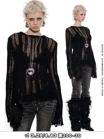 Chunky Knit Cutout Pullover – Loose Crewneck with Skinny Long Sleeves