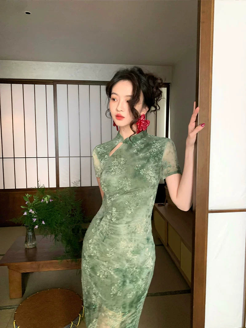 Mesh Floral Slim Cheongsam Dress