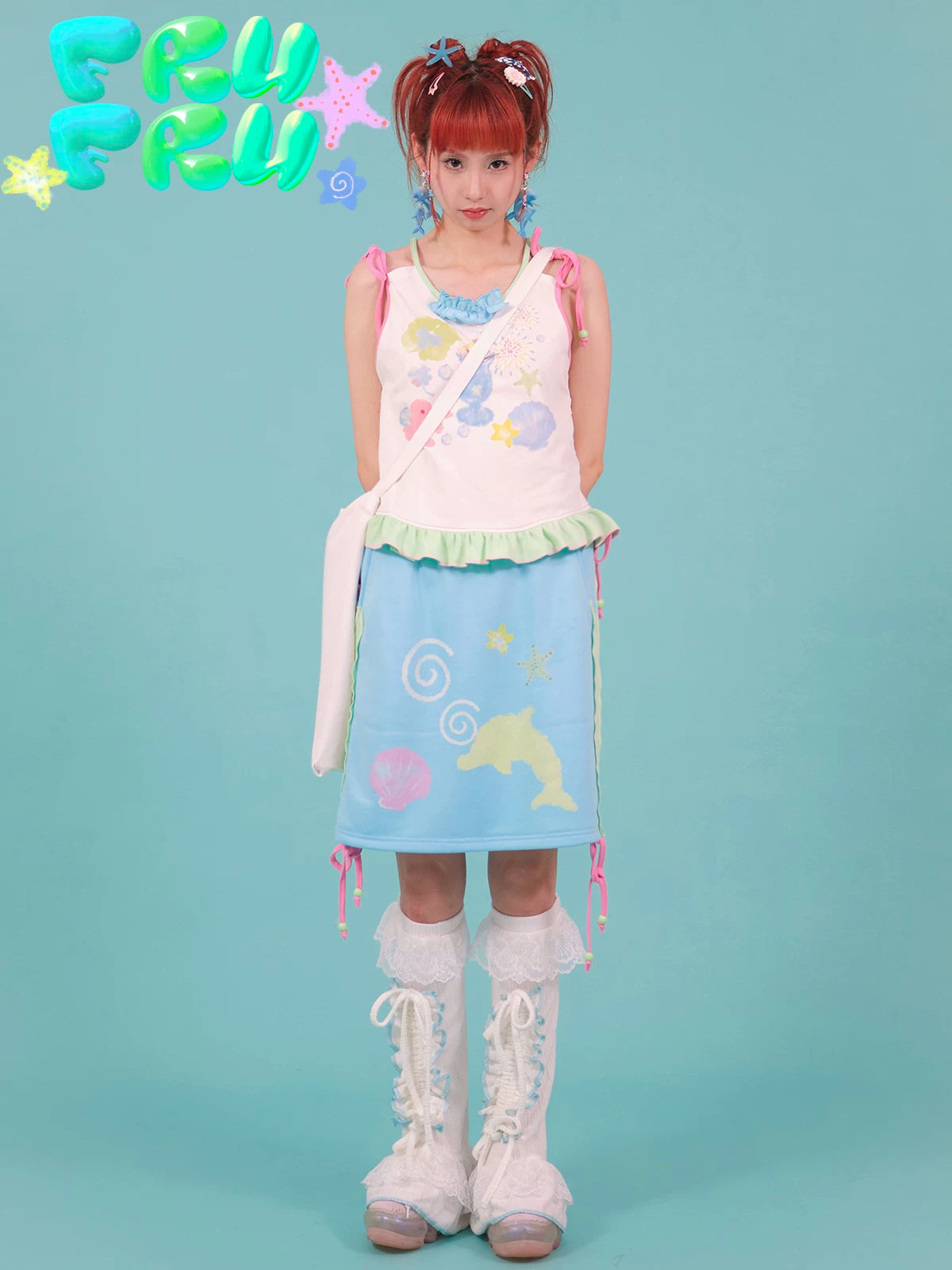 Gollum Store Original Color-Block Cute Illustration Y2K Blue Girl Cute Dolphin Print Mini Skirt