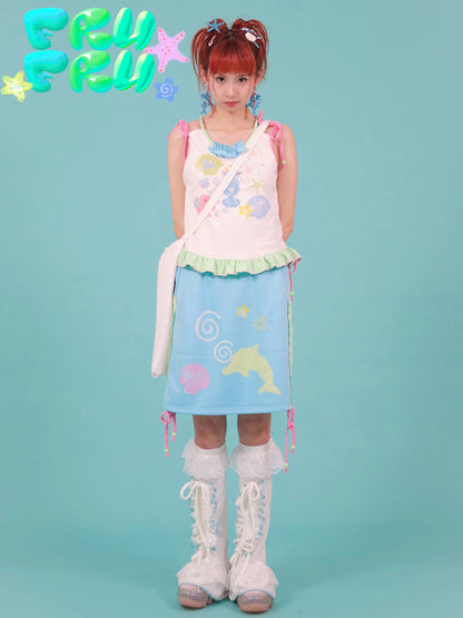 Gollum Store Original Color-Block Cute Illustration Y2K Blue Girl Cute Dolphin Print Mini Skirt
