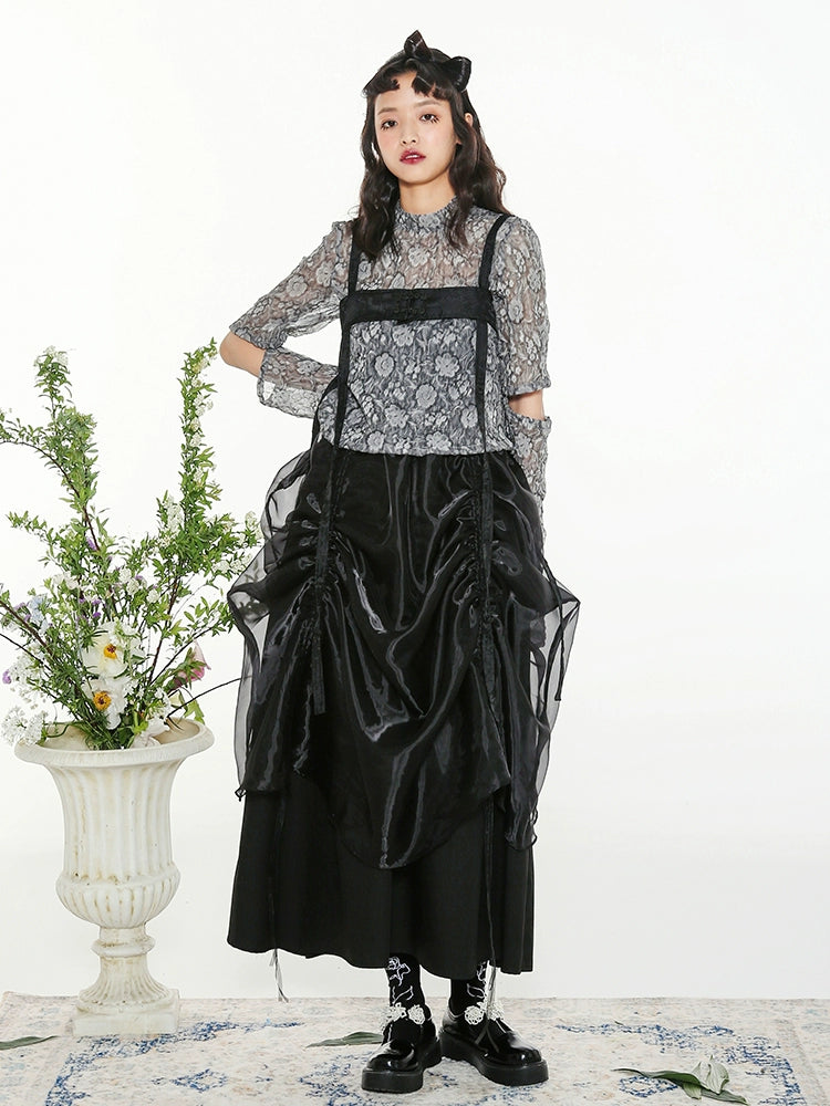 Handmade Button Back Strap Skirt Set Pleated Glass Yarn Dress