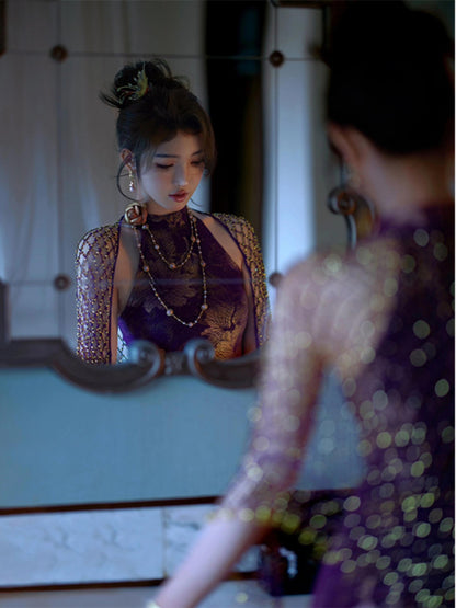 Modern Cheongsam – High-End Purple Jacquard Hip-Wrap Dress