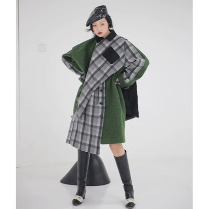 Moss Green Plaid Detachable Cape Coat D426