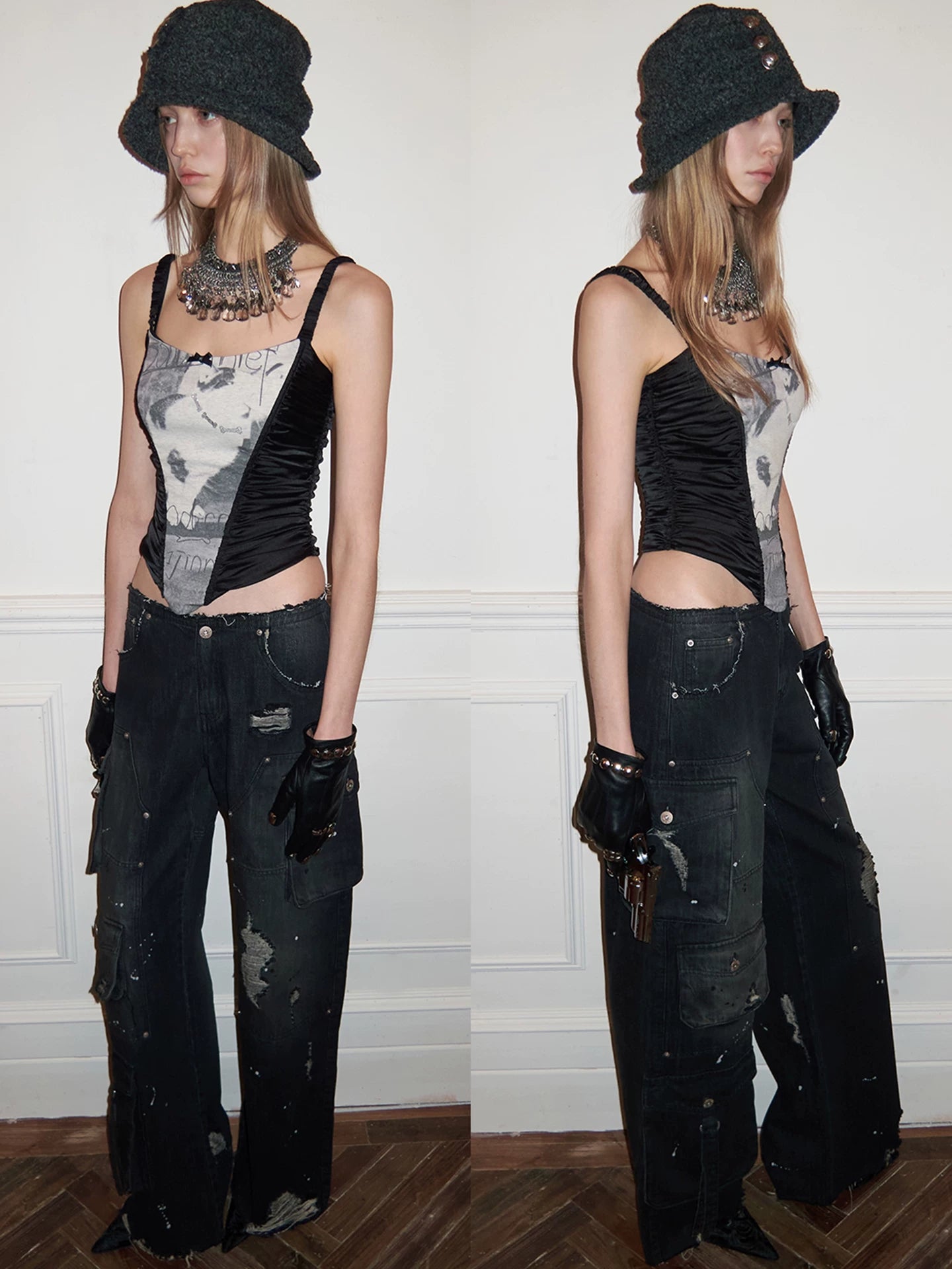 Retro multi-pocket cargo style washed denim jeans for women, loose fit, versatile, splatter paint, logging pants