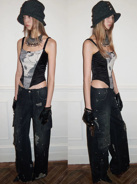 Retro multi-pocket cargo style washed denim jeans for women, loose fit, versatile, splatter paint, logging pants