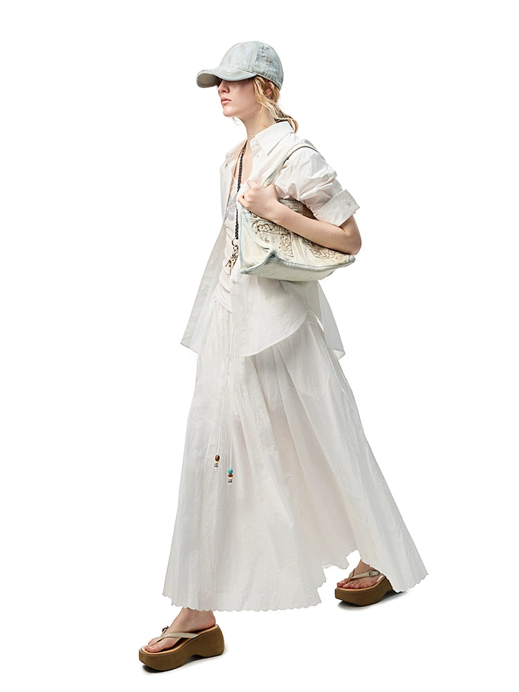 Striped Cotton Resort Skirt with Beaded Straps – Loose Swing A-Line Design