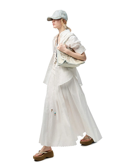 Striped Cotton Resort Skirt with Beaded Straps – Loose Swing A-Line Design