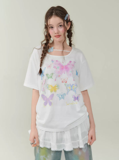 Butterfly Printed Drawstring T-shirt | Loose Fit Retro Short Sleeve for Summer