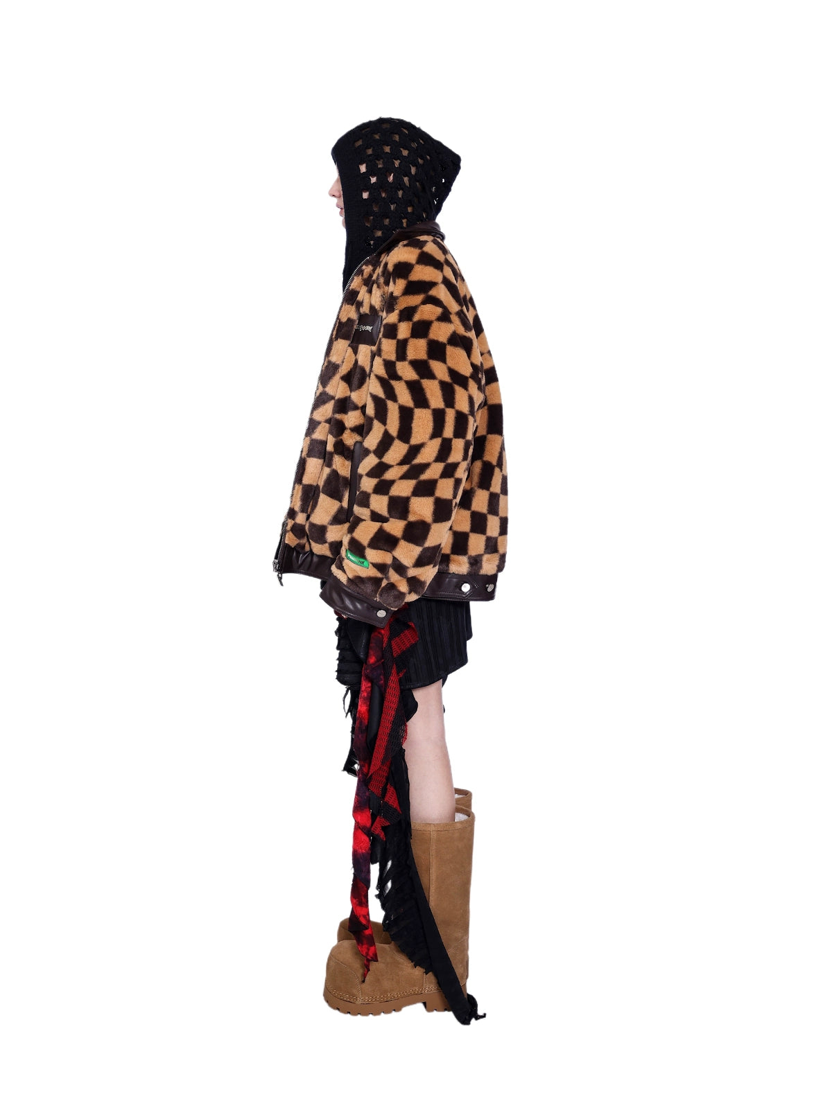 Twisted Checkerboard Plush Panels Chic Fur Coat