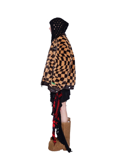 Twisted Checkerboard Plush Panels Chic Fur Coat