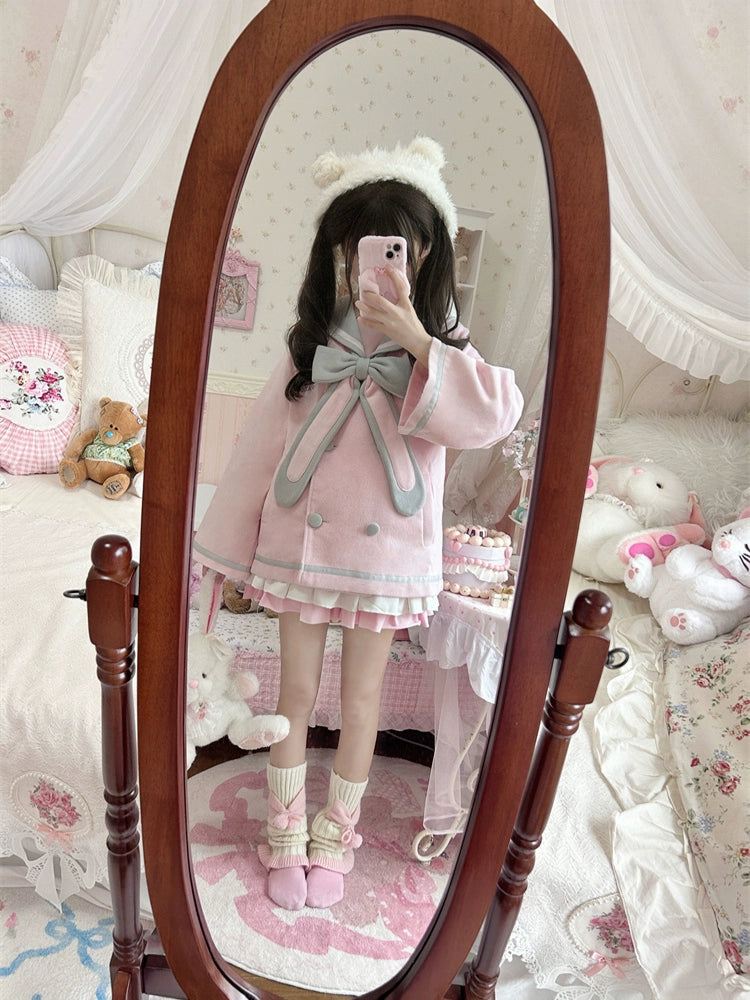 Long-Eared Rabbit Kindergarten 3D Bunny Ear Sailor Collar Tweed Jacket