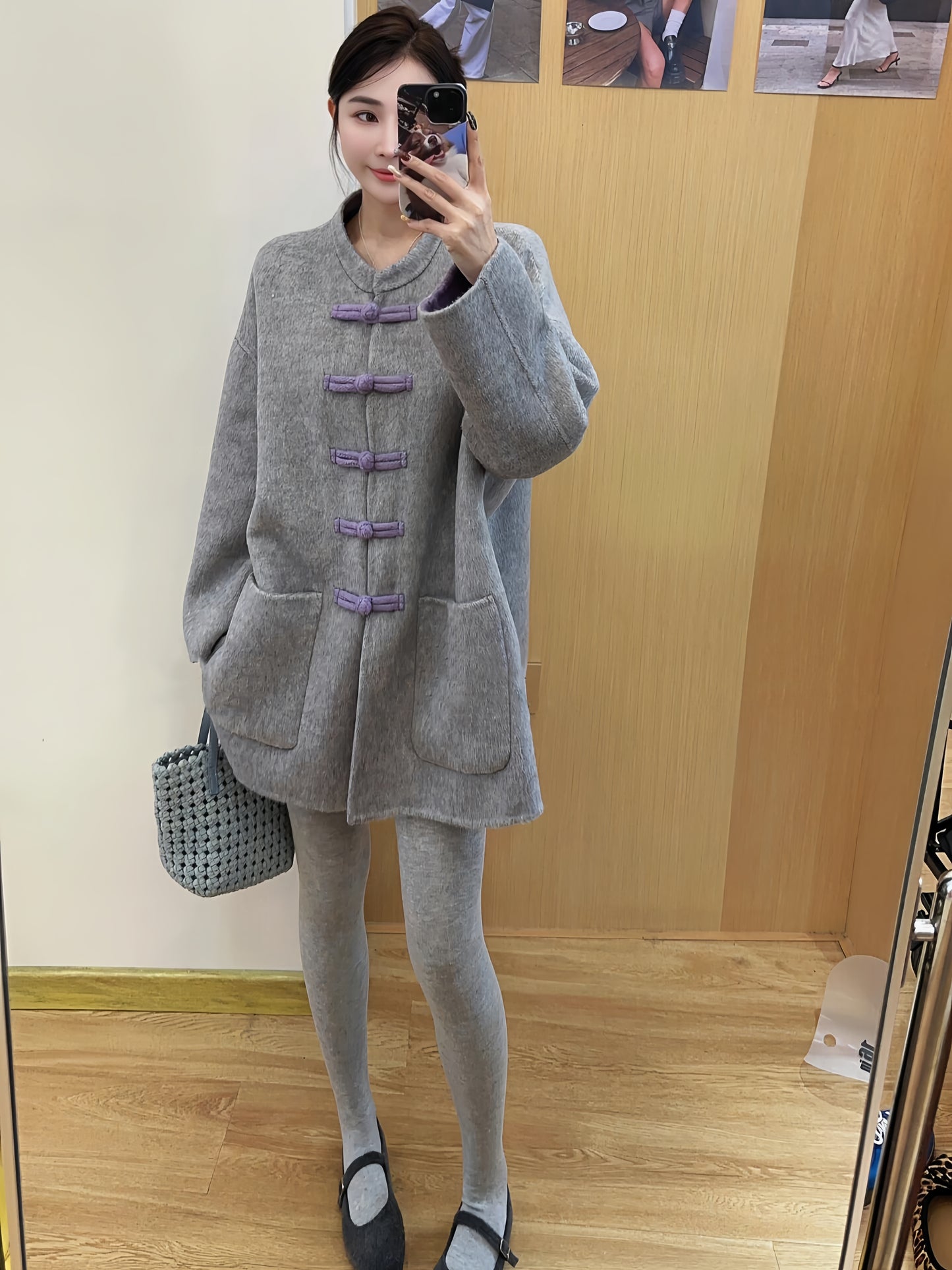 New Chinese Cashmere Coat – Luxury Gray Wool Jacket with Classic Buttons