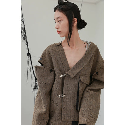 Asymmetric Split Sleeve Sequin Woolen Coat T344