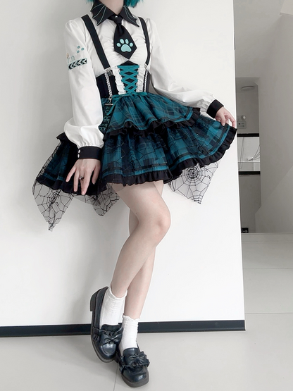 Lolita Shallot Rock Y2K Plaid Patchwork Shirt + Suspender Skirt