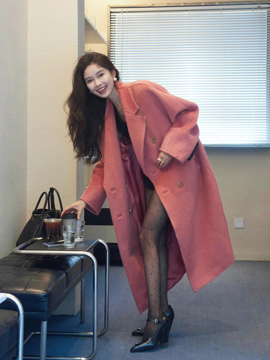 Pink Double-Sided Cashmere Coat – Hepburn-Style Mid-Length Elegance