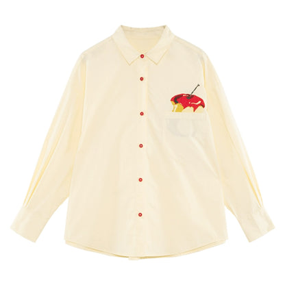 Red Apple Embroidery Off White Loose Shirt