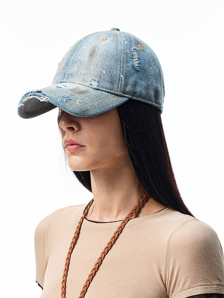 Distressed Washed Denim Baseball Cap – Vintage Casual Look