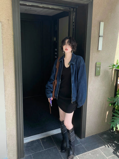 Wine afternoon Hong Kong style retro 2025 autumn new lapel zipper denim clothes with loose temperament short denim jacket for women