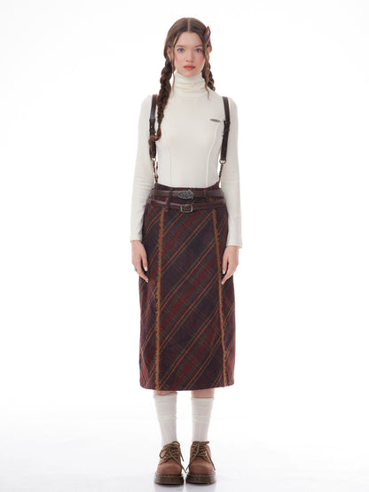 Red Checkered Wool Skirt | High Waist Retro Slim Fit for Autumn/Winter