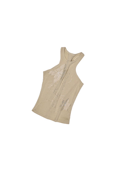 Lazy Vacation Floral Rhinestone Racer Vest – Slim Sleeveless Resort Top