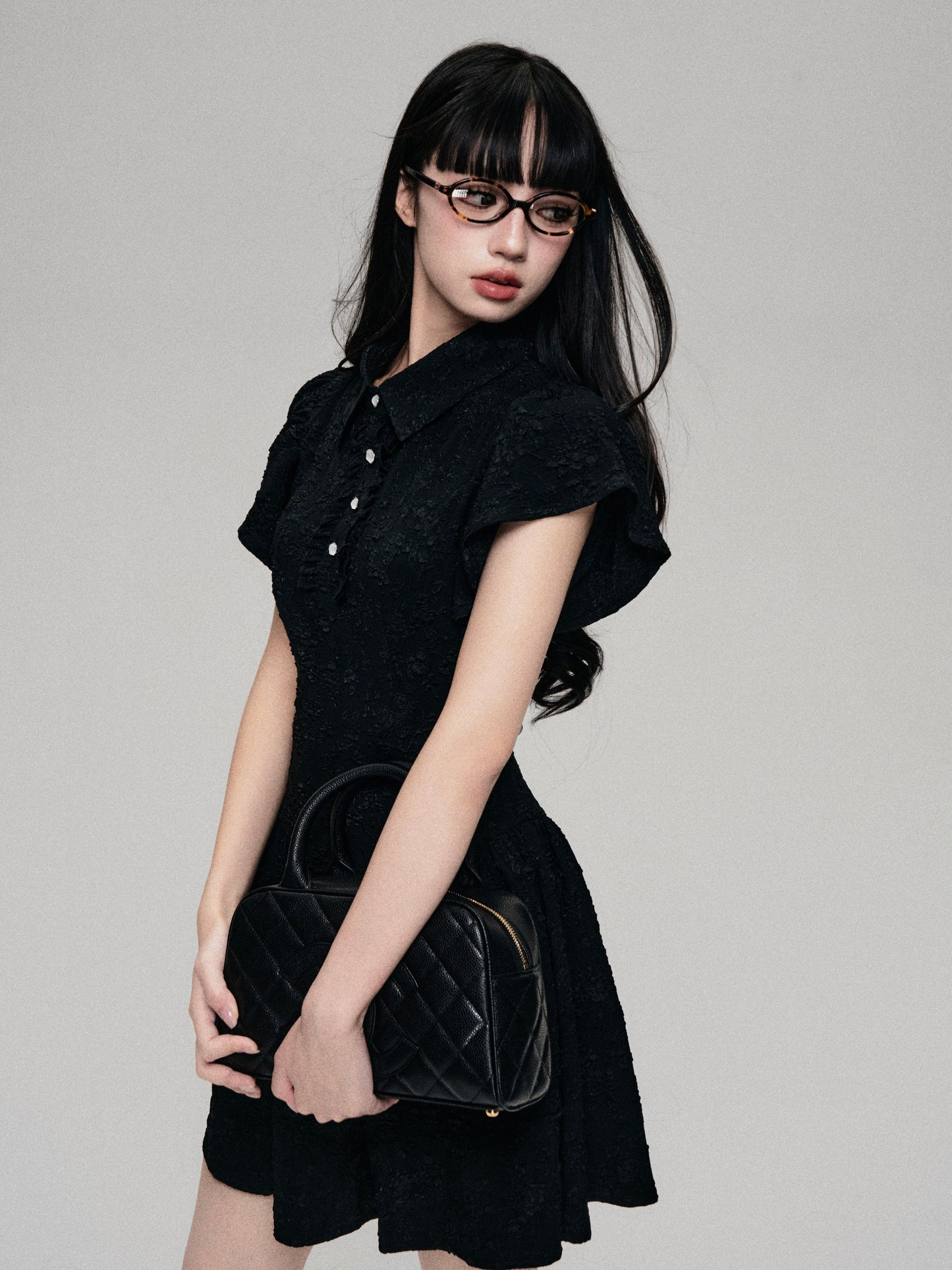 College Style Polo Neck A-Line Dress with Fly Sleeves