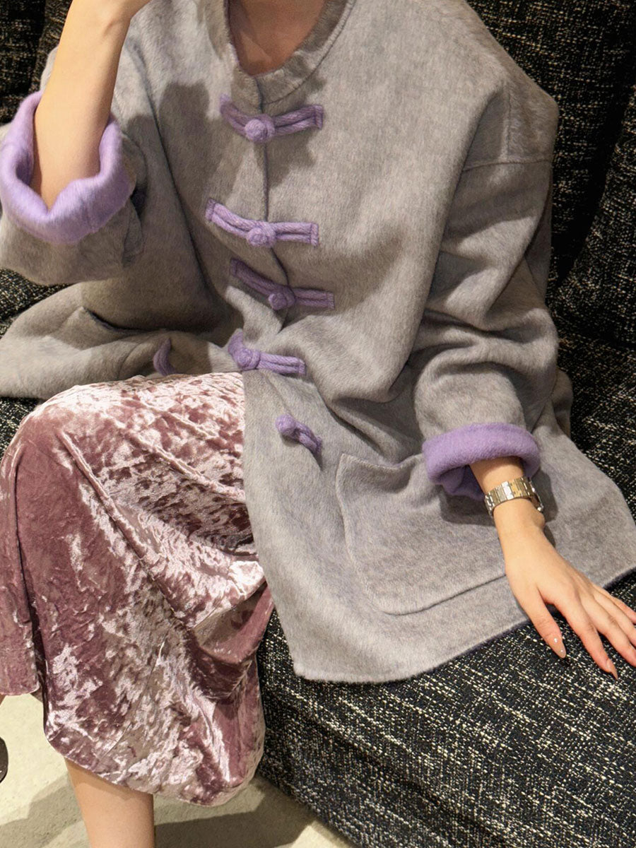New Chinese Cashmere Coat – Luxury Gray Wool Jacket with Classic Buttons