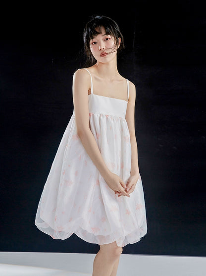 Pink Flower Print Organza Flower Bract Sling Dress