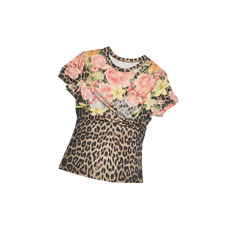 Resort Floral Rhinestone Crew Neck T-Shirt – Slim Short Sleeve Top