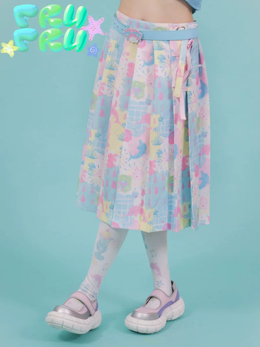 Gollum Store Original cartoon dolphin cute girl powder blue print pleated midi skirt for spring and summer