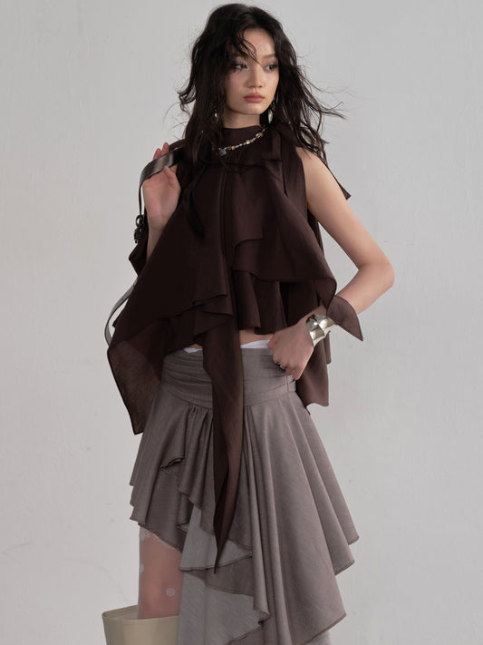 Pleated Linen Lace Midi Skirt | Romantic Asymmetrical Skirt
