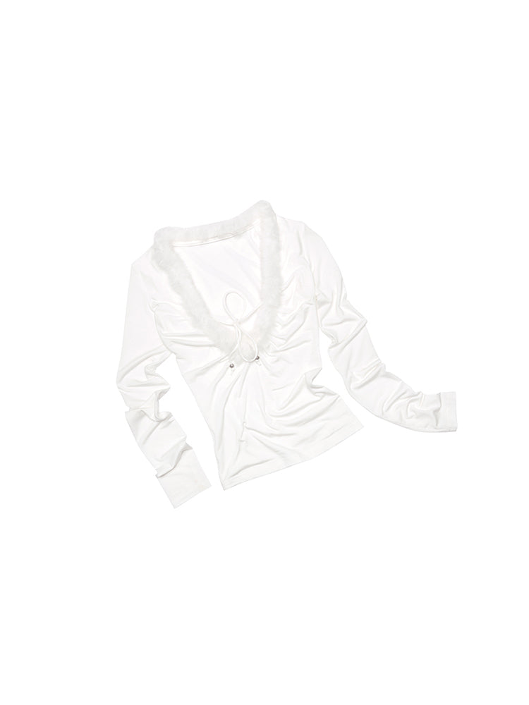 Raw Edge Panel V-Neck Knit Top – Slim Long Sleeve Base Layer