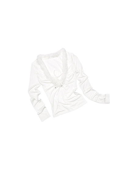 Raw Edge Panel V-Neck Knit Top – Slim Long Sleeve Base Layer