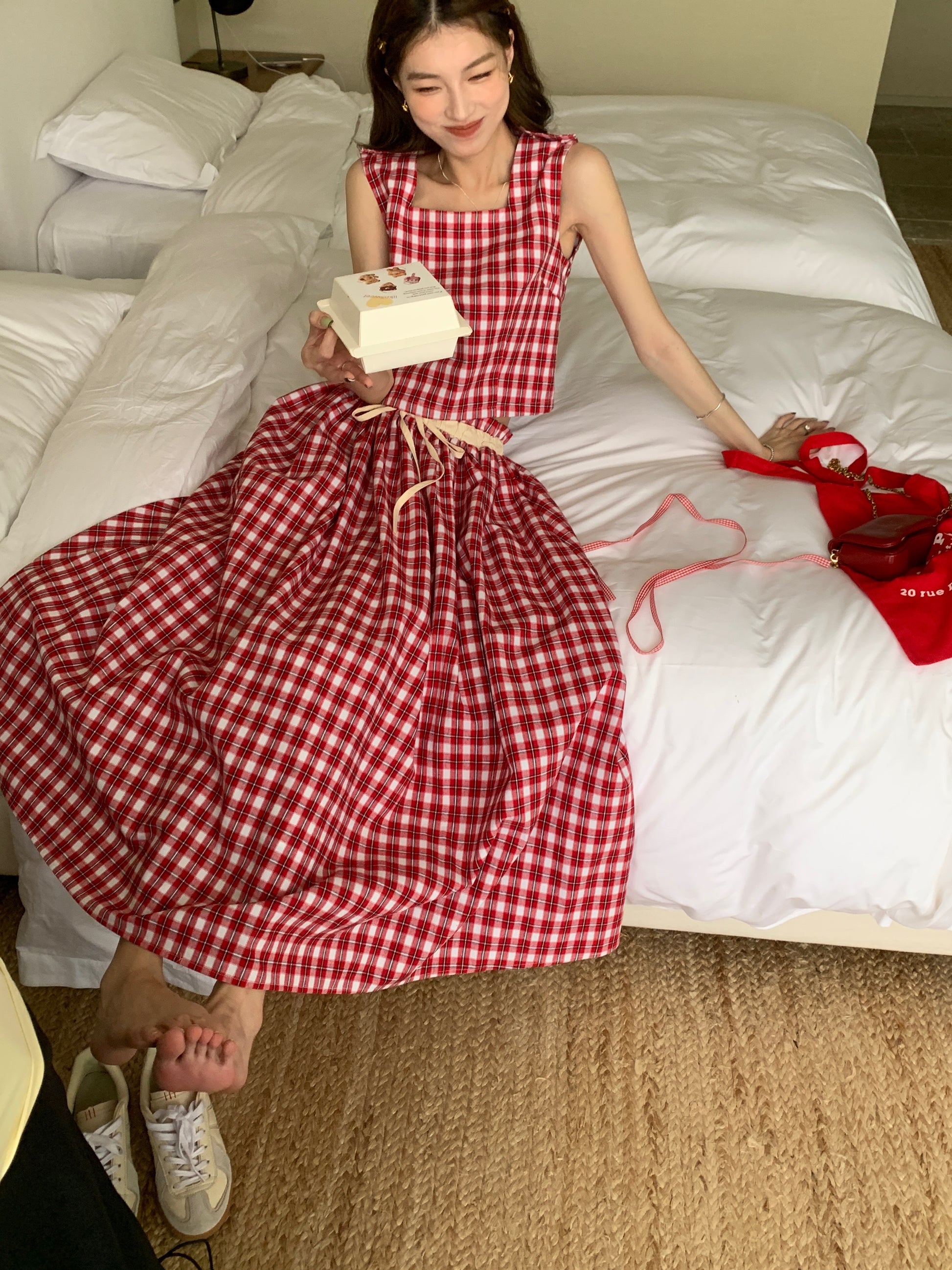 Red Check Summer Skirt Set