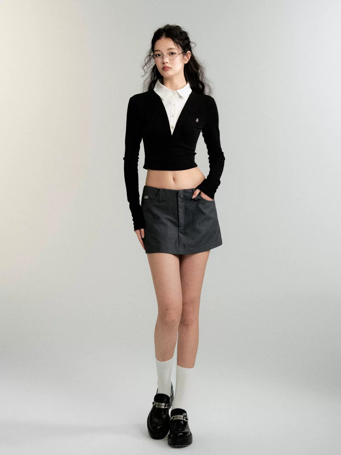 Faux Two-Piece Shirt Collar Slim Knitwear (Office Lady Style)