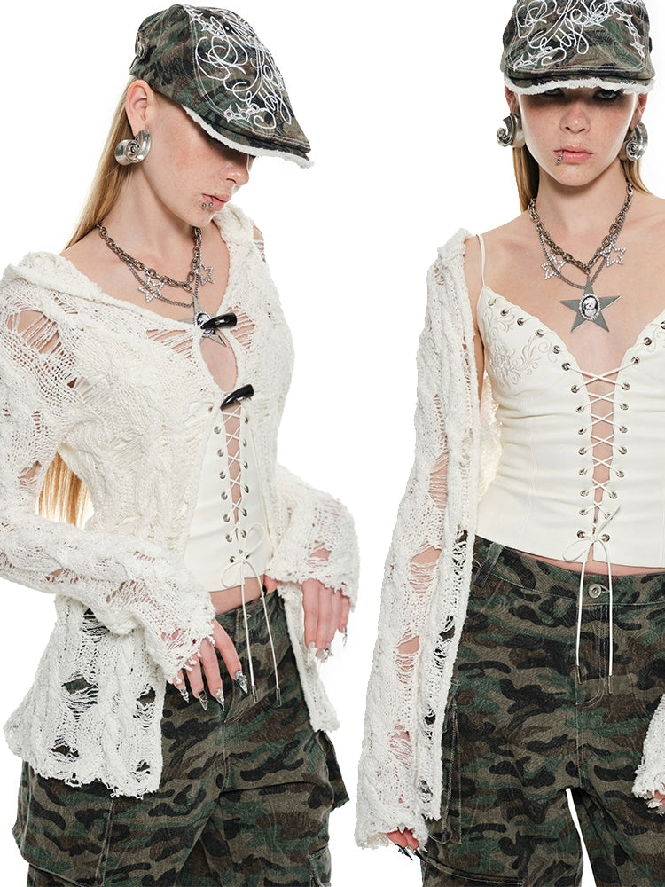 Cutout Hooded Knit Cardigan – Slim Fit Long Sleeve Jacket with Cinched Waist