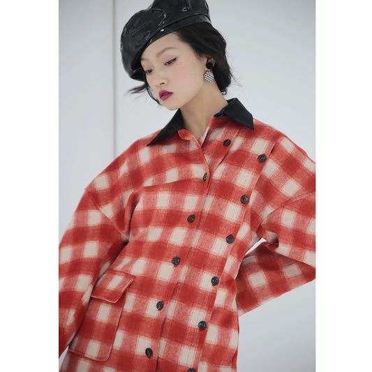 Contrast Collar Checkered Woolen Coat D416