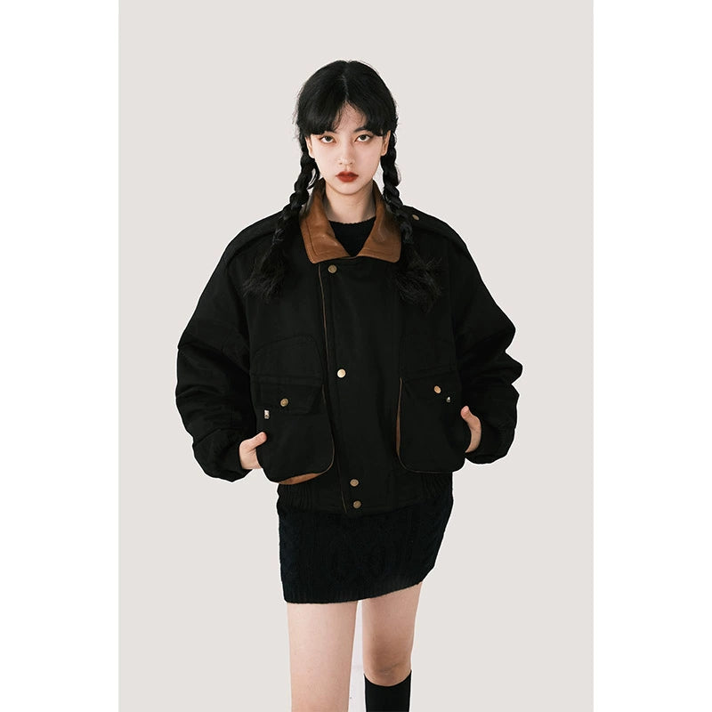 Winter Cotton Retro Black Jacket - Spliced PU Collar