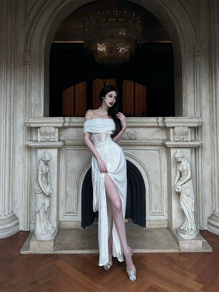 White Court-Style One-Shoulder Dress – Luxury French Princess Gown