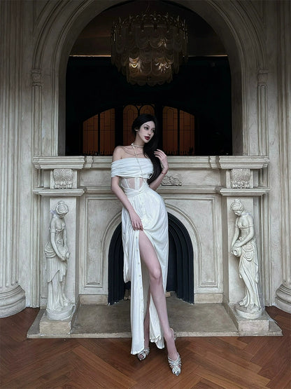 White Court-Style One-Shoulder Dress – Luxury French Princess Gown