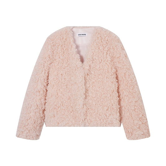 Pink Eco-Friendly Fur Coat - Women's Autumn/Winter Short Wool Curly Fit