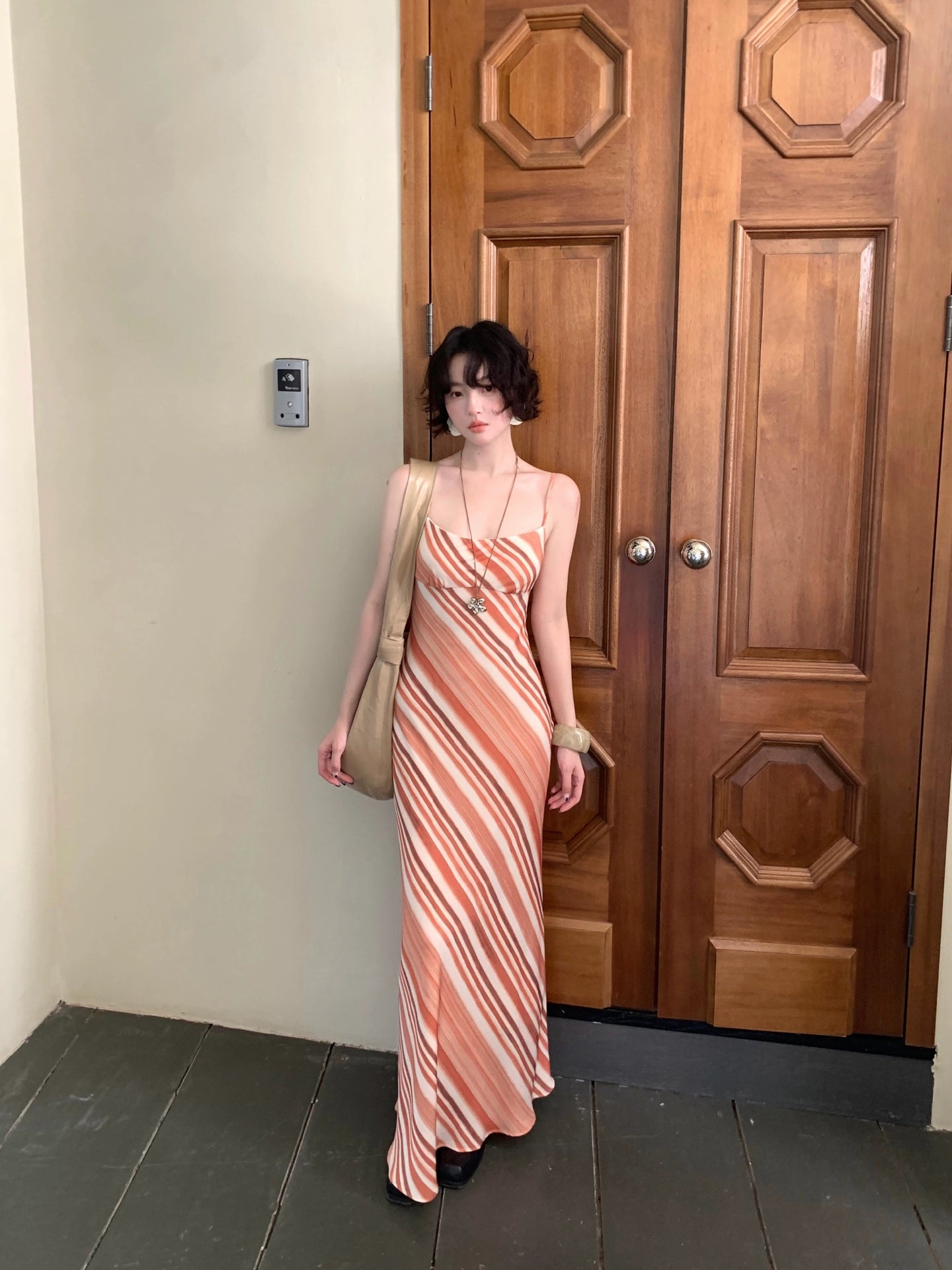 Orange Trace Draped Stripe Slip Dress – French Retro Layered Long Dress