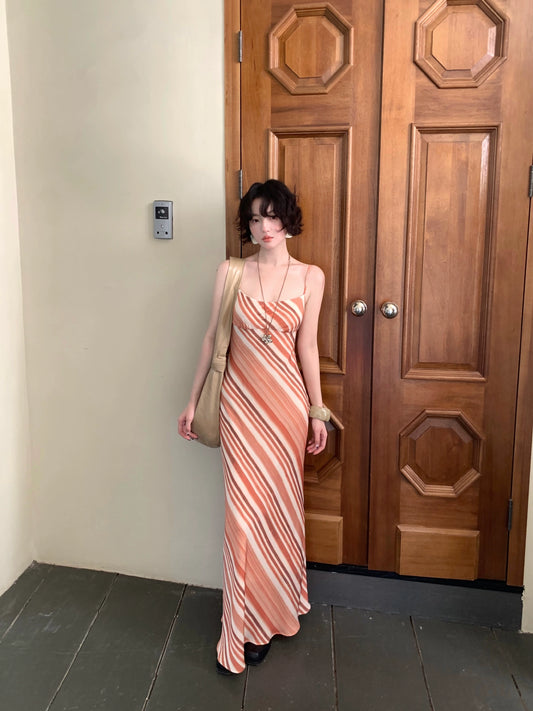 Orange Trace Draped Stripe Slip Dress – French Retro Layered Long Dress